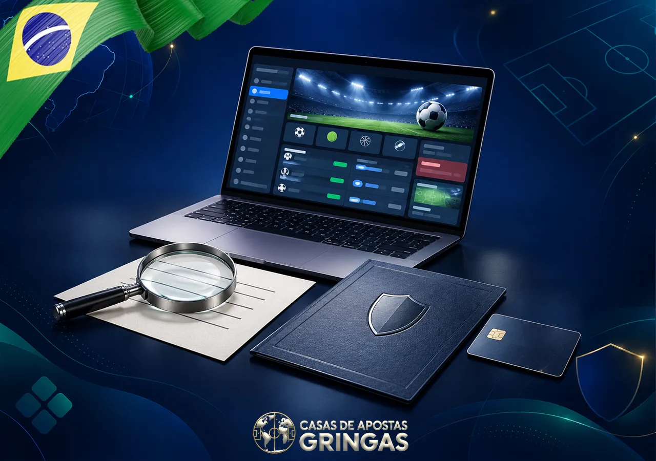 Uma lupa revisa critérios em documentos junto a notebook, escudo e cartão