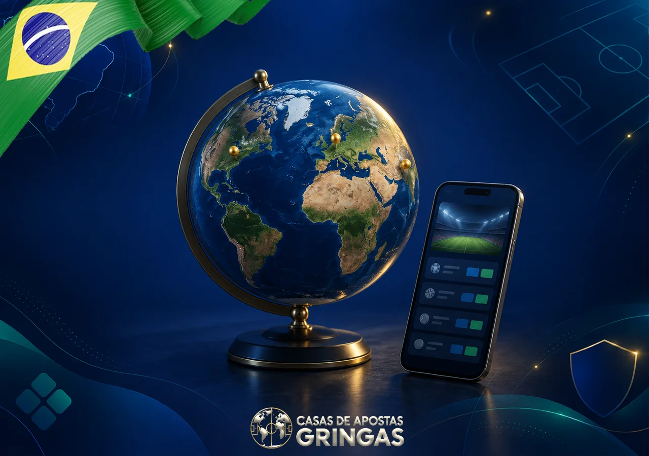 Um globo destaca regiões de apostas enquanto o celular exibe opções esportivas