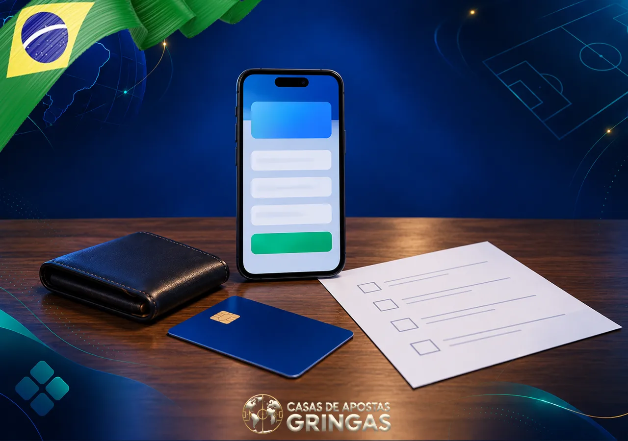 Um formulário no celular acompanha carteira, cartão e lista de verificação sobre saques